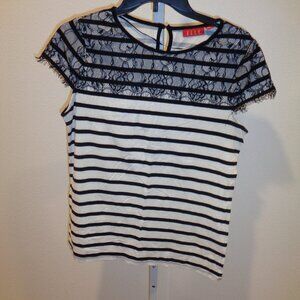 ELLE Women's Black & White Short Sleeve Striped Lace Top Size Medium